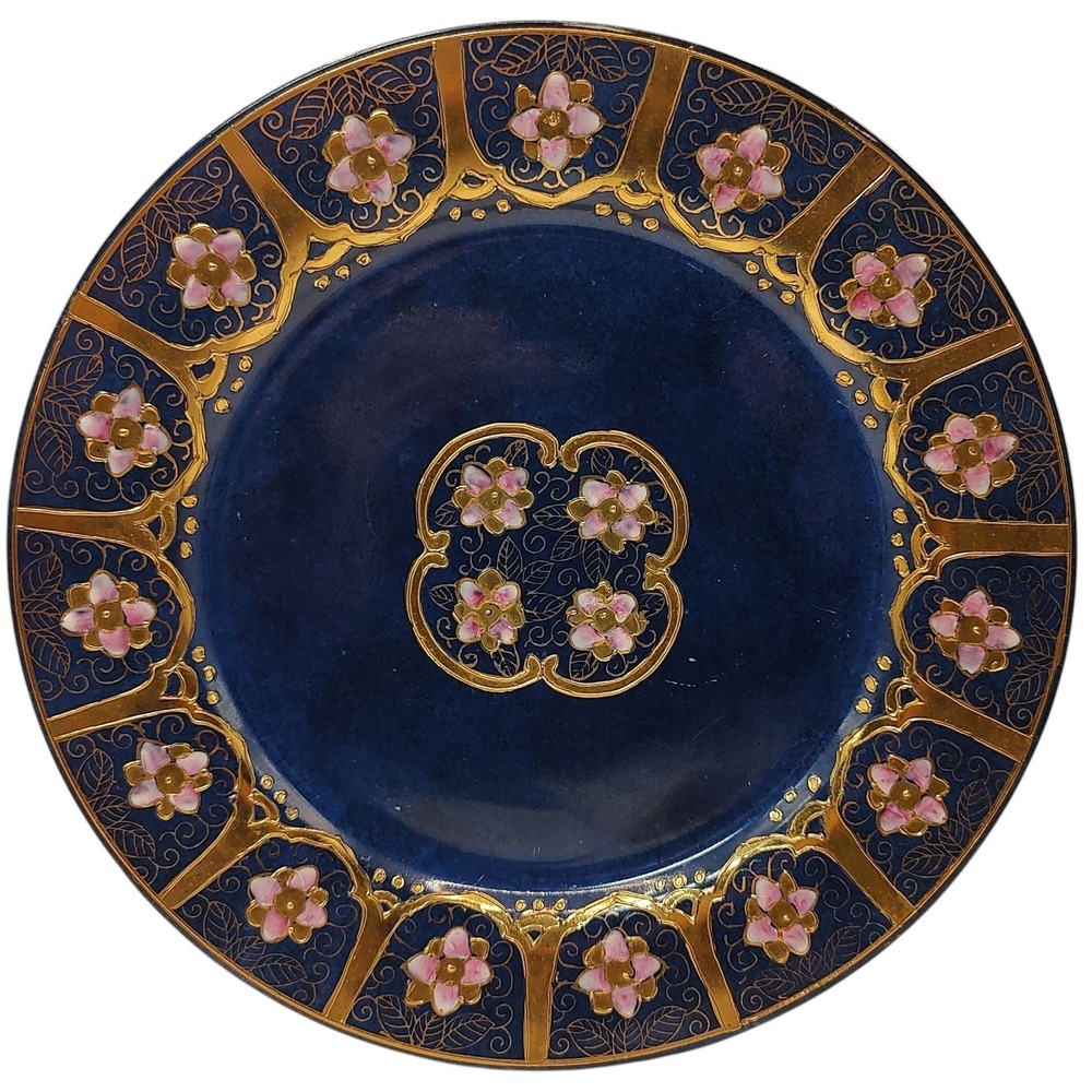 Vintage Toyo Pottery Decorative Plate Raised Enamel Flower Heavy Gold Pattern